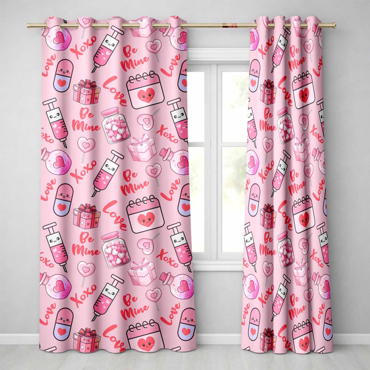 Valentines Love Hearts Gifts Candy Syringe Pink Background Seamless Pattern  Readymade Eyelet Ring Top Thermal 100% Blackout Curtains