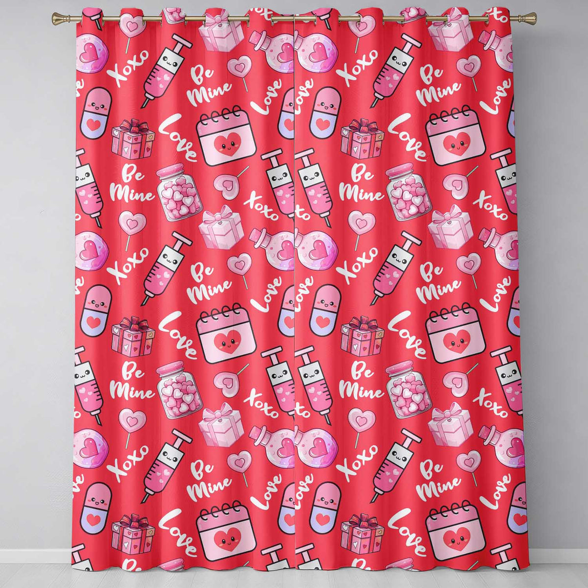 Valentines Love Hearts Gifts Candy Syringe Red Background Seamless Pattern  Readymade Eyelet Ring Top Thermal 100% Blackout Curtains