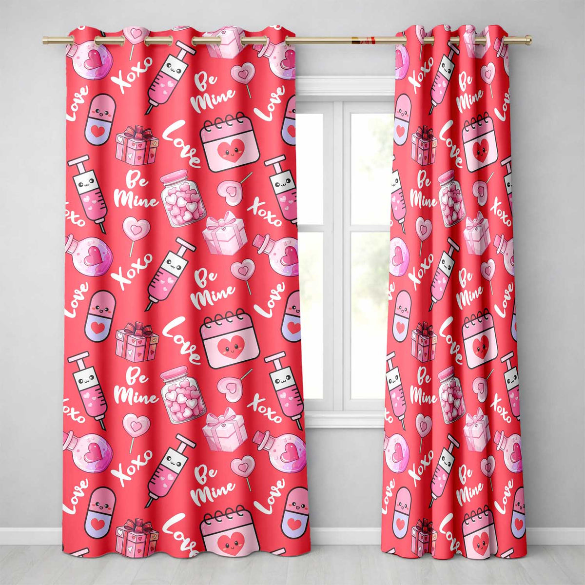 Valentines Love Hearts Gifts Candy Syringe Red Background Seamless Pattern  Readymade Eyelet Ring Top Thermal 100% Blackout Curtains
