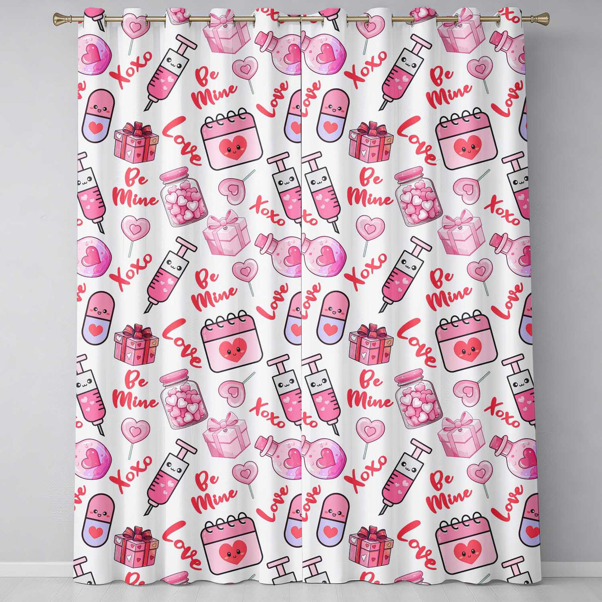Valentines Love Hearts Gifts Candy Syringe Grey Background Seamless Pattern  Readymade Eyelet Ring Top Thermal 100% Blackout Curtains