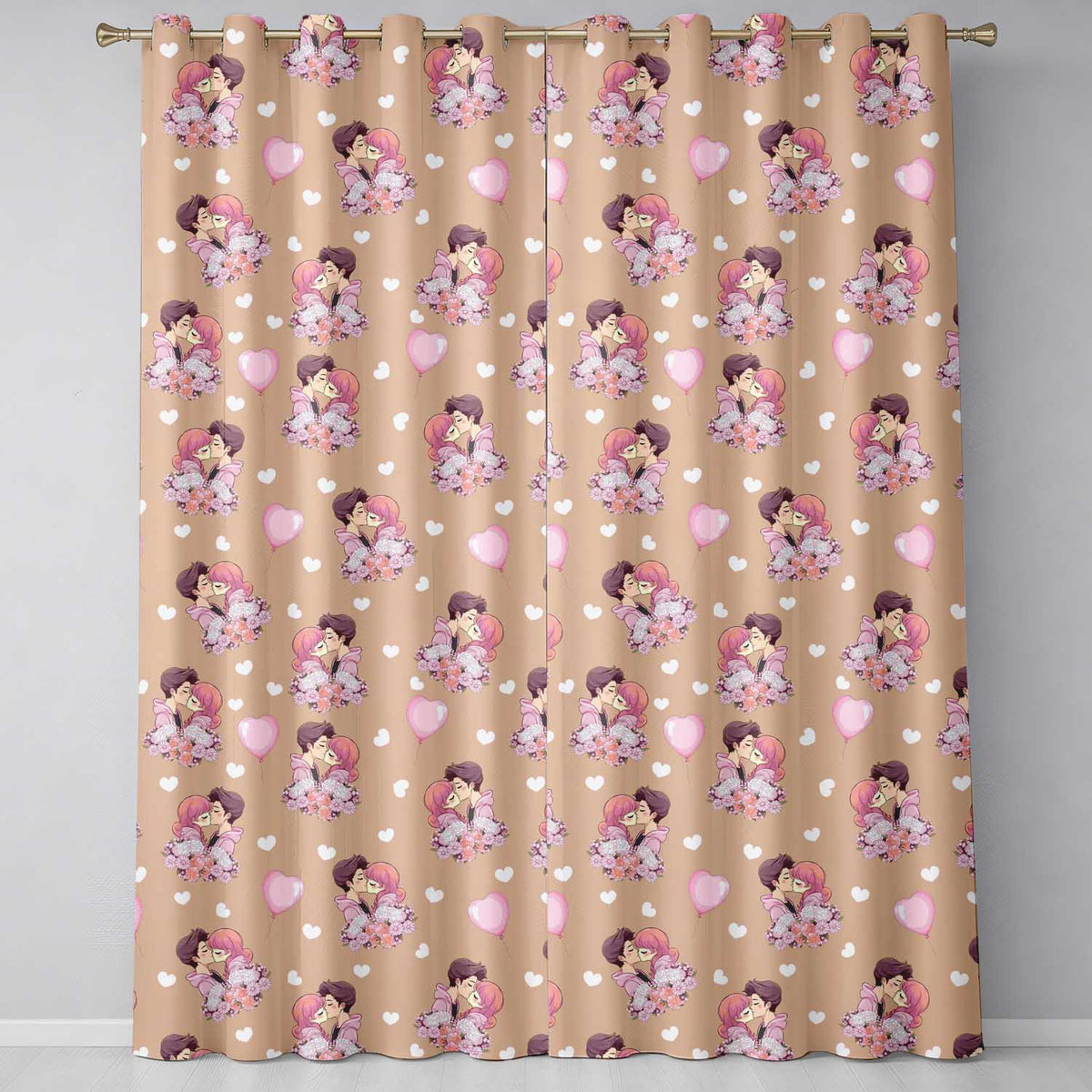 Valentines Love Couple Kissing Floral Hearts Brown Background Seamless Pattern  Readymade Eyelet Ring Top Thermal 100% Blackout Curtains