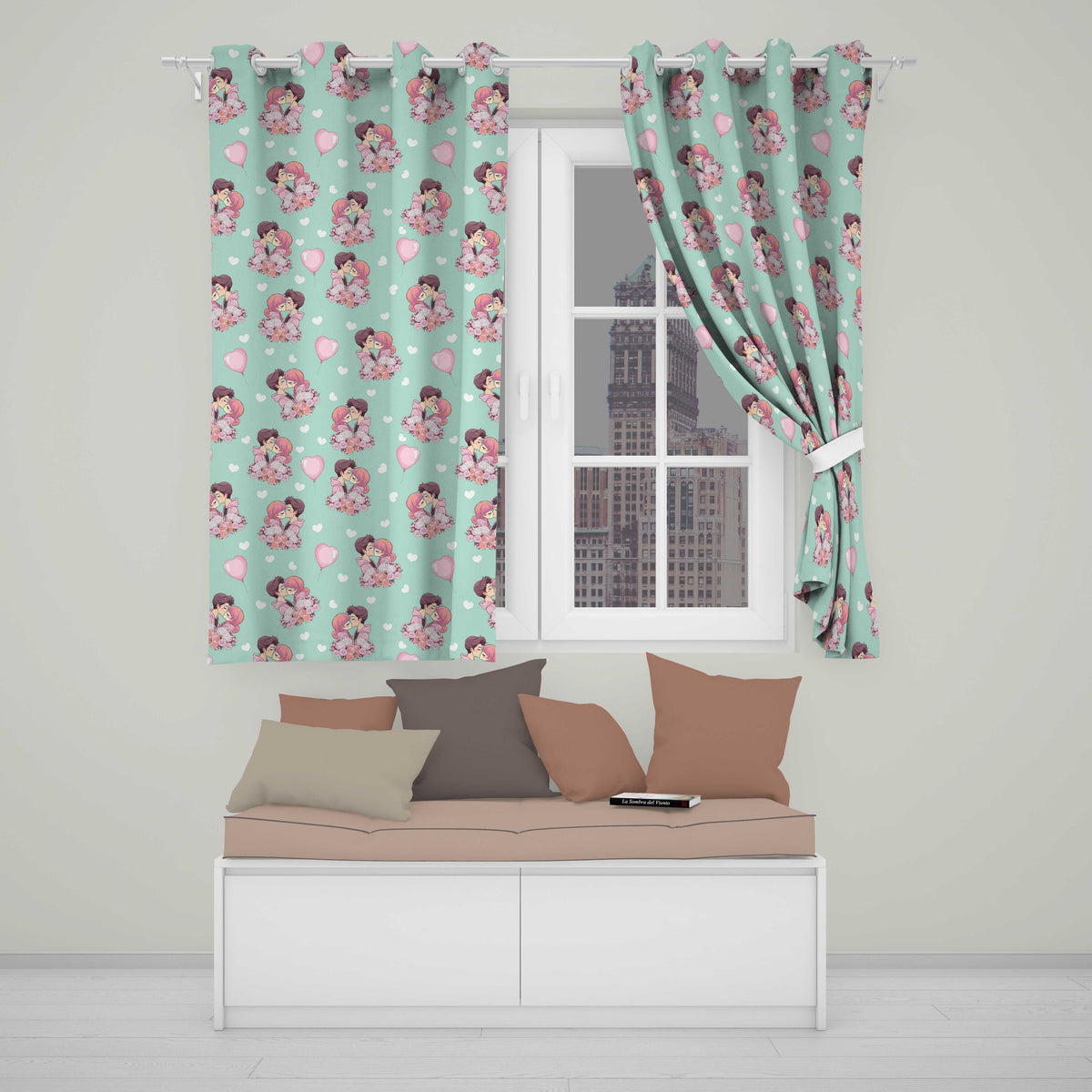 Valentines Love Couple Kissing Floral Hearts Green Background Seamless Pattern  Readymade Eyelet Ring Top Thermal 100% Blackout Curtains