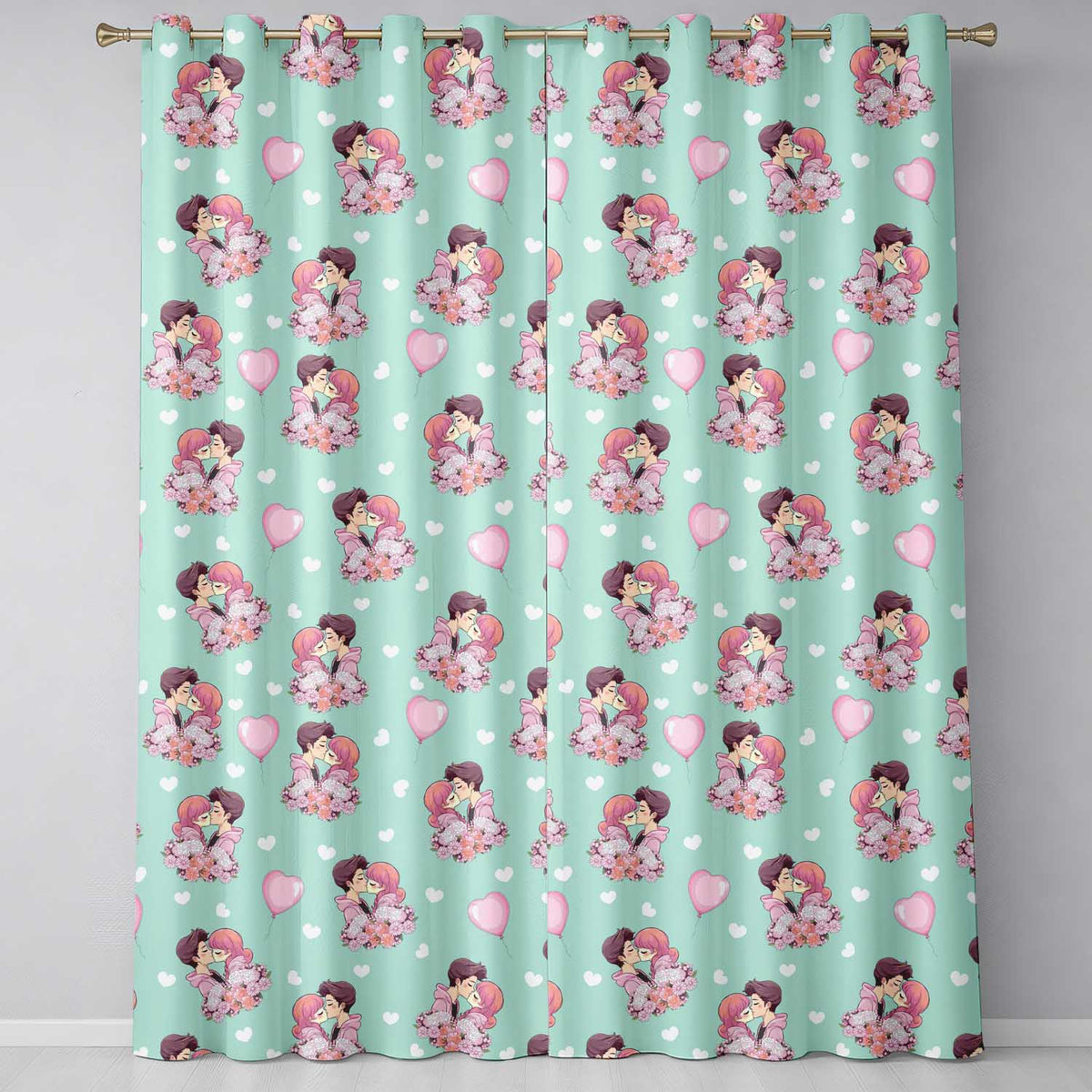 Valentines Love Couple Kissing Floral Hearts Green Background Seamless Pattern  Readymade Eyelet Ring Top Thermal 100% Blackout Curtains