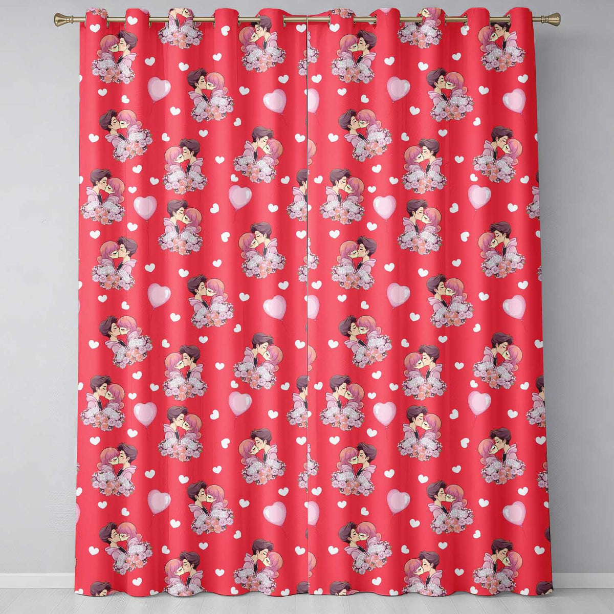 Valentines Couple Kissing Floral  Balloon Red Background Seamless Pattern Readymade Eyelet Ring Top Thermal 100% Blackout Curtains