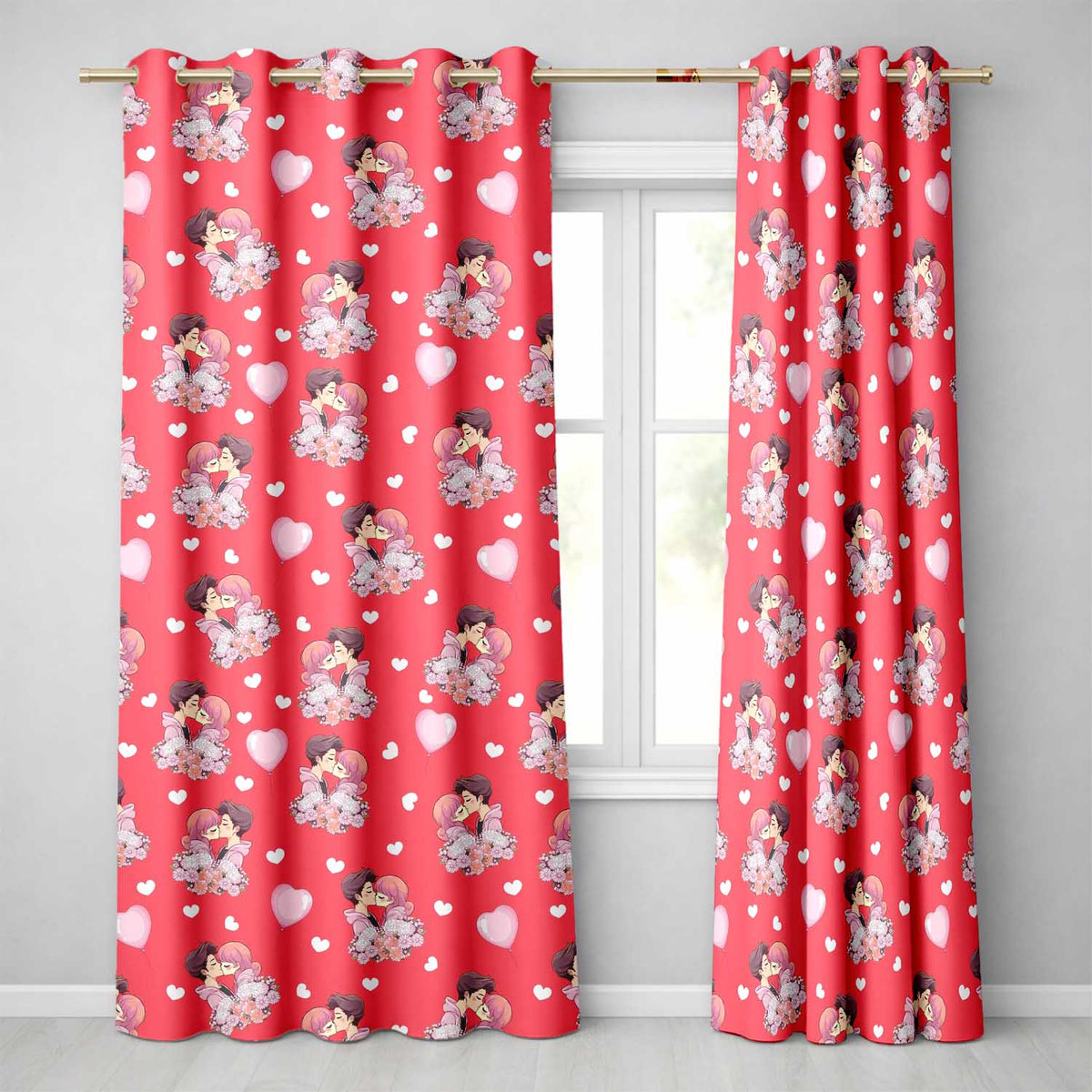 Valentines Couple Kissing Floral  Balloon Red Background Seamless Pattern Readymade Eyelet Ring Top Thermal 100% Blackout Curtains