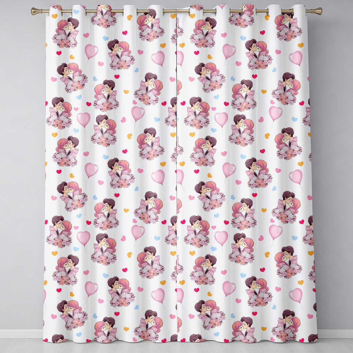 Valentines Couple Kissing Floral  Balloon Grey Background Seamless Pattern Readymade Eyelet Ring Top Thermal 100% Blackout Curtains