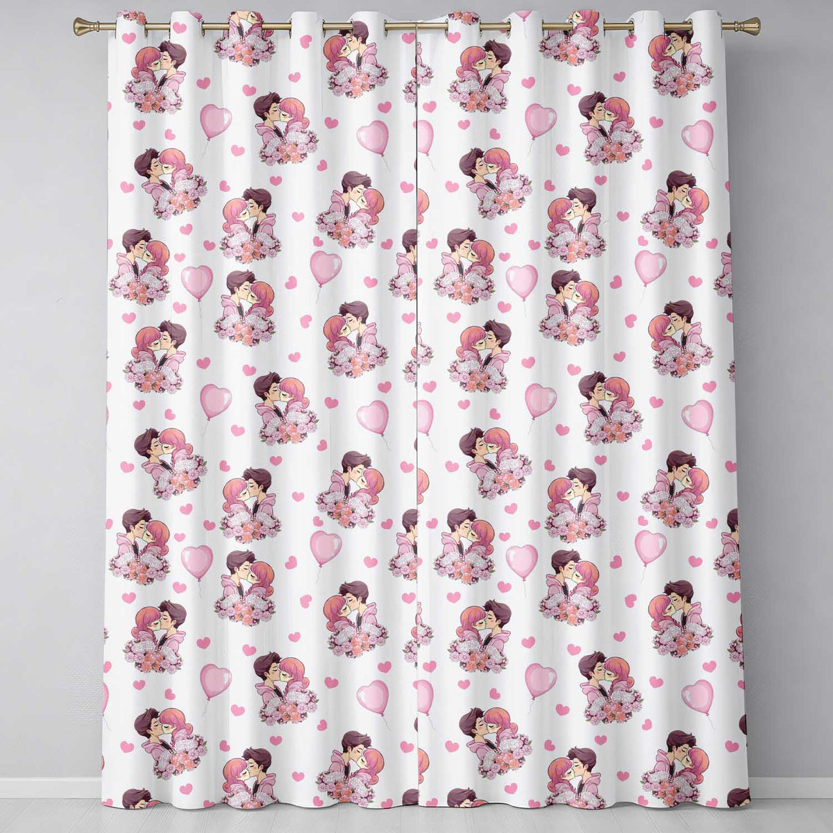 Valentines Couple Kissing Floral  Balloon Light Grey Background Seamless Pattern Readymade Eyelet Ring Top Thermal 100% Blackout Curtains