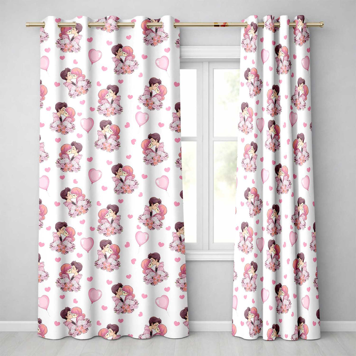 Valentines Couple Kissing Floral  Balloon Light Grey Background Seamless Pattern Readymade Eyelet Ring Top Thermal 100% Blackout Curtains