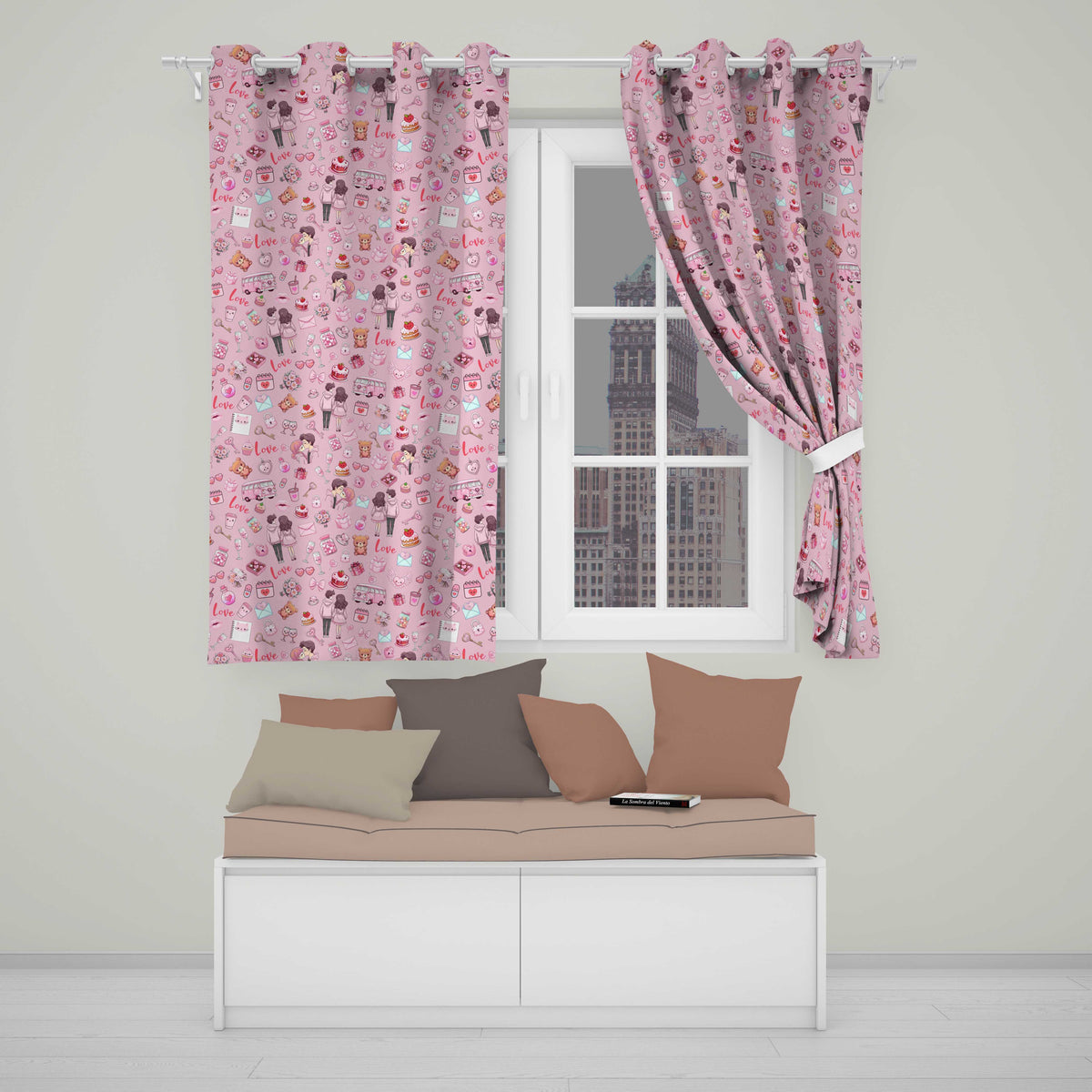 Cute Valentines Couple Love Icon Hearts Soft Pink Background Seamless Pattern  Readymade Eyelet Ring Top Thermal 100% Blackout Curtains