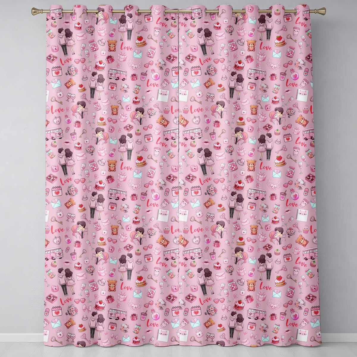 Cute Valentines Couple Love Icon Hearts Soft Pink Background Seamless Pattern  Readymade Eyelet Ring Top Thermal 100% Blackout Curtains