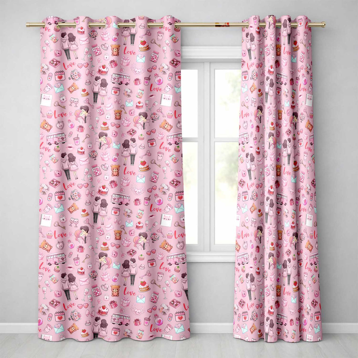 Cute Valentines Couple Love Icon Hearts Soft Pink Background Seamless Pattern  Readymade Eyelet Ring Top Thermal 100% Blackout Curtains