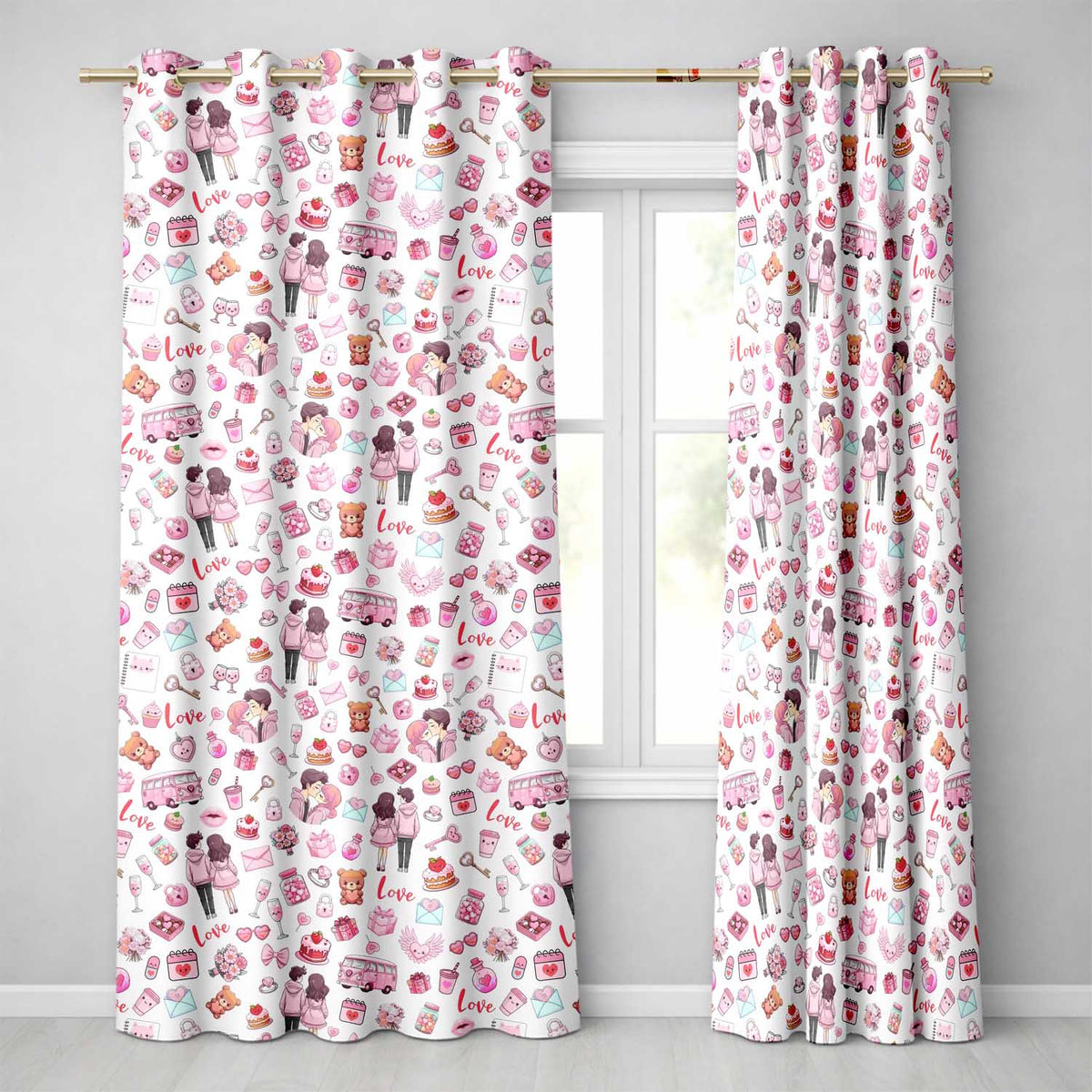 Cute Valentines Couple Love  Gifts Hearts Grey Background Seamless Pattern  Readymade Eyelet Ring Top Thermal 100% Blackout Curtains