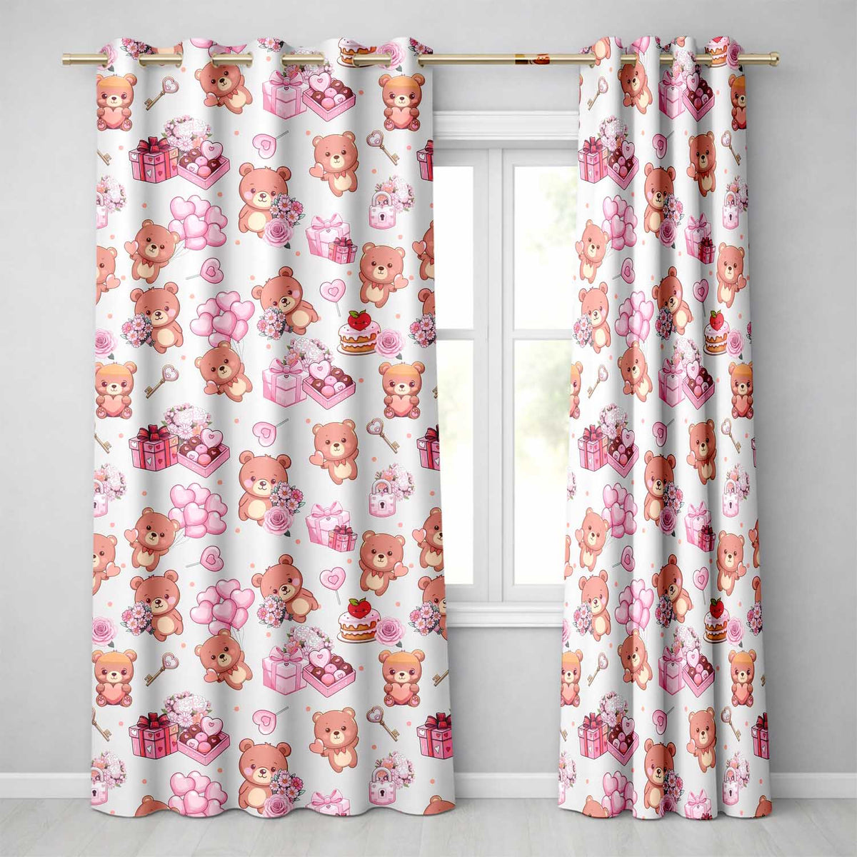 Cute Teddy Bears Hearts Gifts Floral Valentines Seamless Pattern  Readymade Eyelet Ring Top Thermal 100% Blackout Curtains