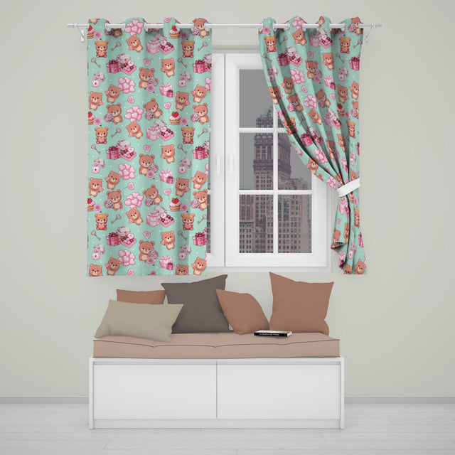 Cute Teddy Bears Hearts Balloons Gifts Valentines Seamless Pattern  Readymade Eyelet Ring Top Thermal 100% Blackout Curtains