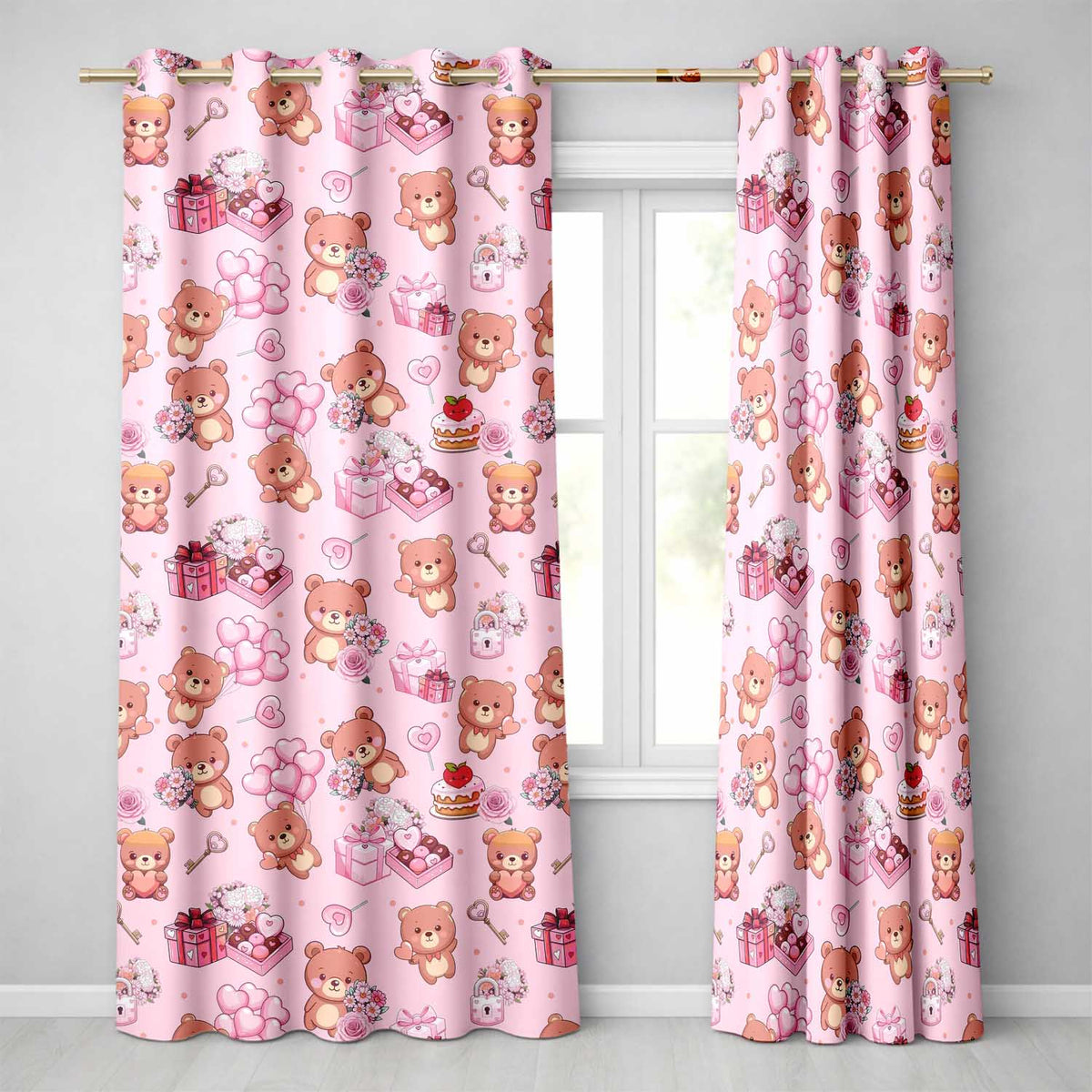 Cute Teddy Bears Hearts Balloons Gifts Pink Background Seamless Pattern  Readymade Eyelet Ring Top Thermal 100% Blackout Curtains