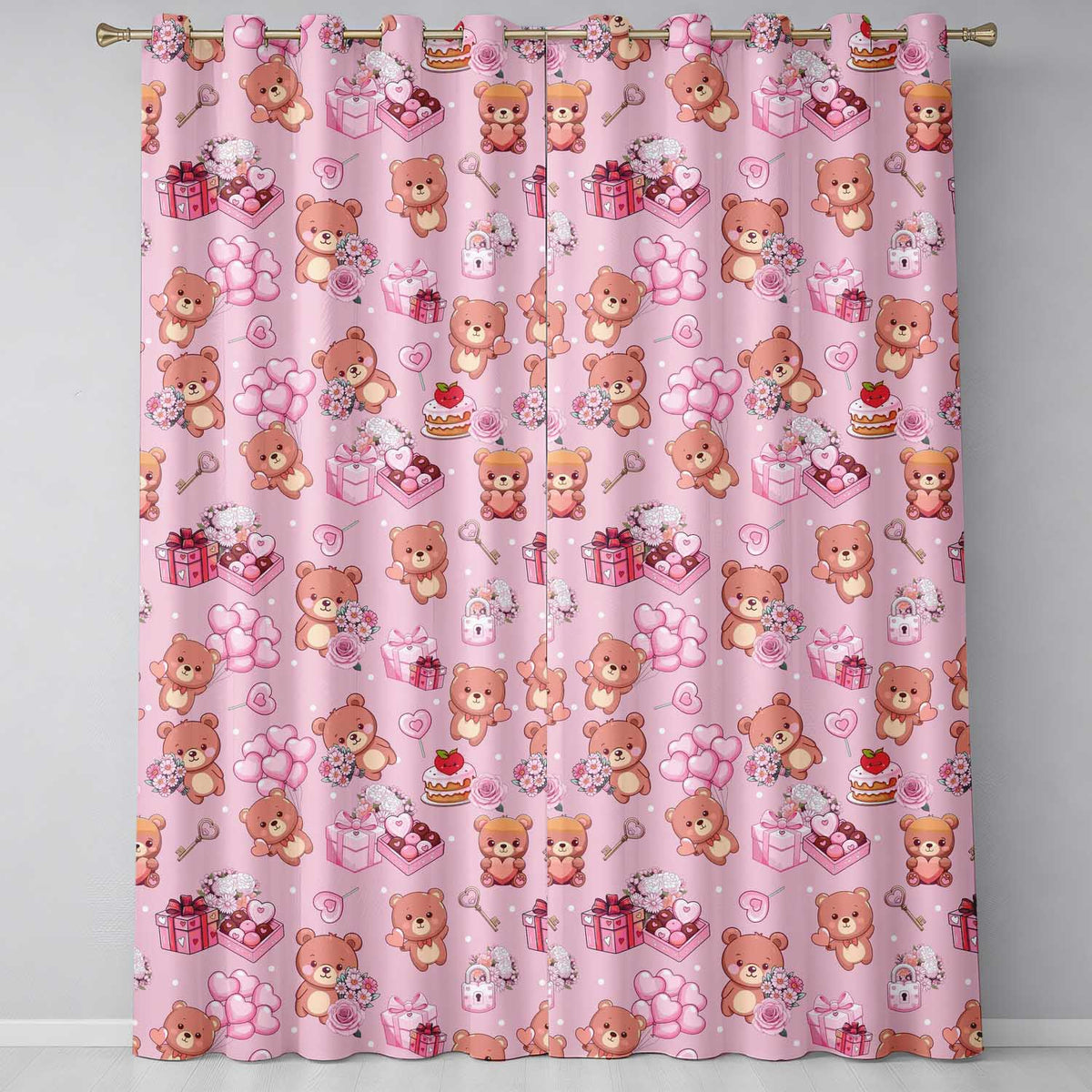 Cute Teddy Bears Hearts Balloons Gifts Blush Pink Seamless Pattern  Readymade Eyelet Ring Top Thermal 100% Blackout Curtains
