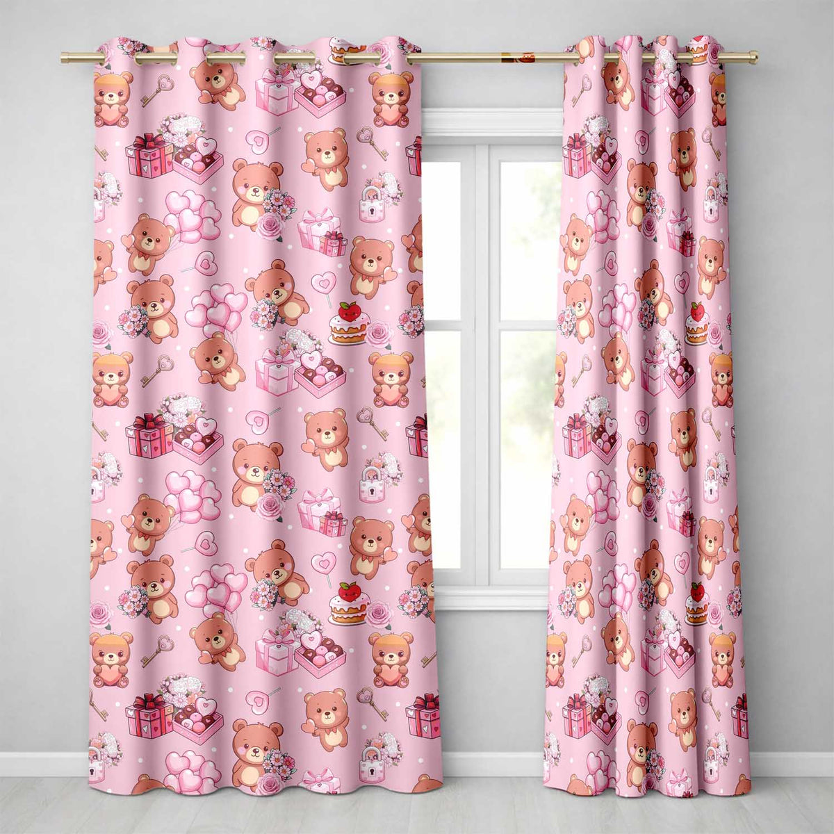 Cute Teddy Bears Hearts Balloons Gifts Blush Pink Seamless Pattern  Readymade Eyelet Ring Top Thermal 100% Blackout Curtains