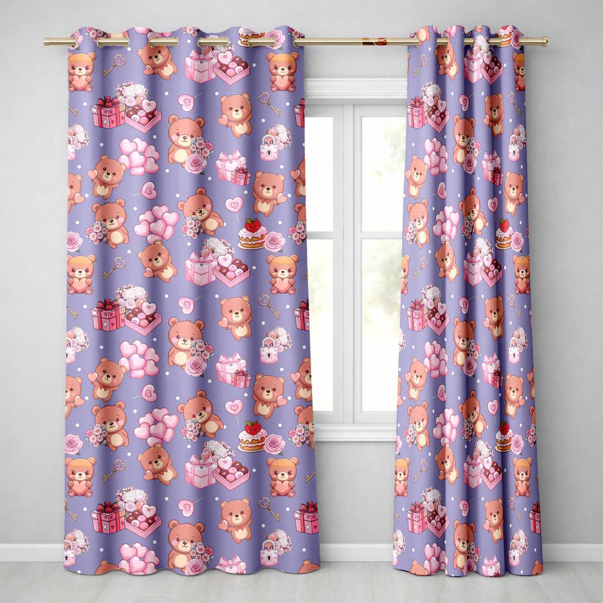Cute Teddy Bears Hearts Balloons Gifts Purple Background Seamless Pattern  Readymade Eyelet Ring Top Thermal 100% Blackout Curtains