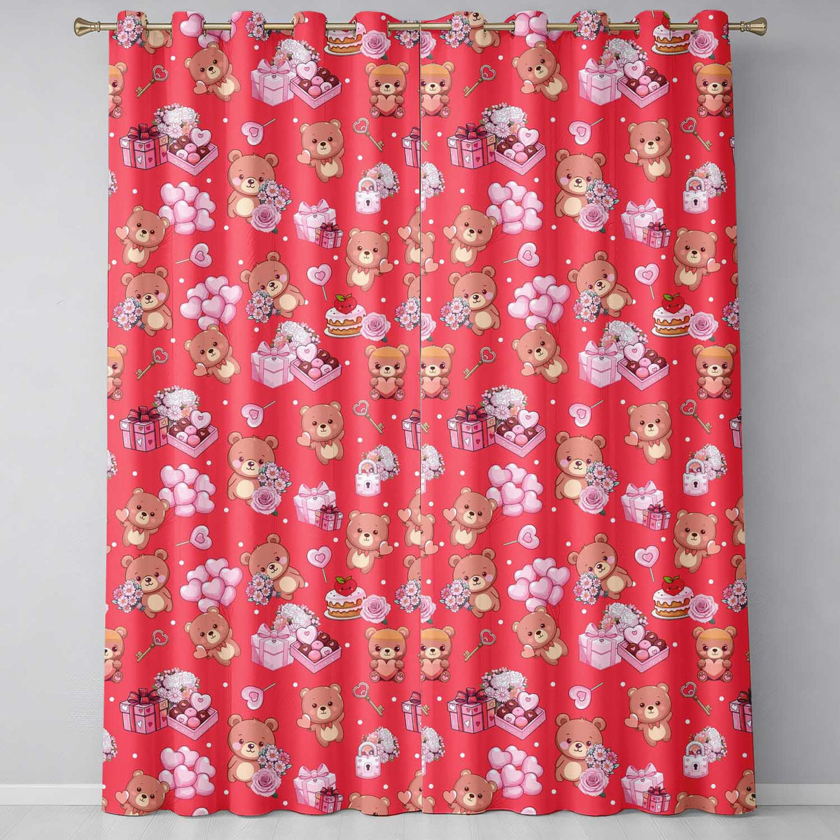 Cute Teddy Bears Hearts Balloons Gifts Red Background Seamless Pattern  Readymade Eyelet Ring Top Thermal 100% Blackout Curtains