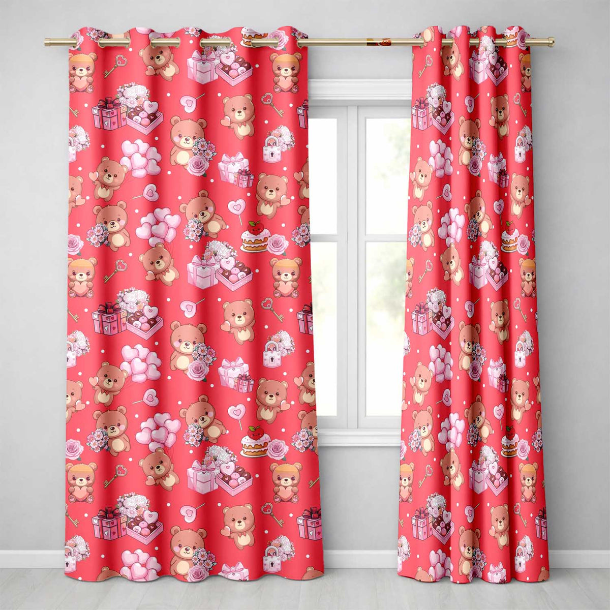 Cute Teddy Bears Hearts Balloons Gifts Red Background Seamless Pattern  Readymade Eyelet Ring Top Thermal 100% Blackout Curtains