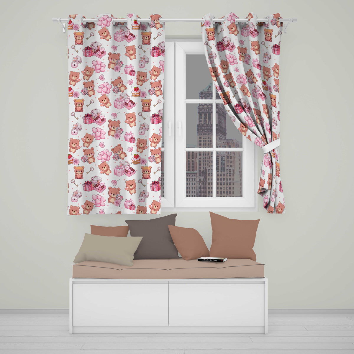 Cute Teddy Bears Hearts Balloons Gifts Grey Background Seamless Pattern  Readymade Eyelet Ring Top Thermal 100% Blackout Curtains