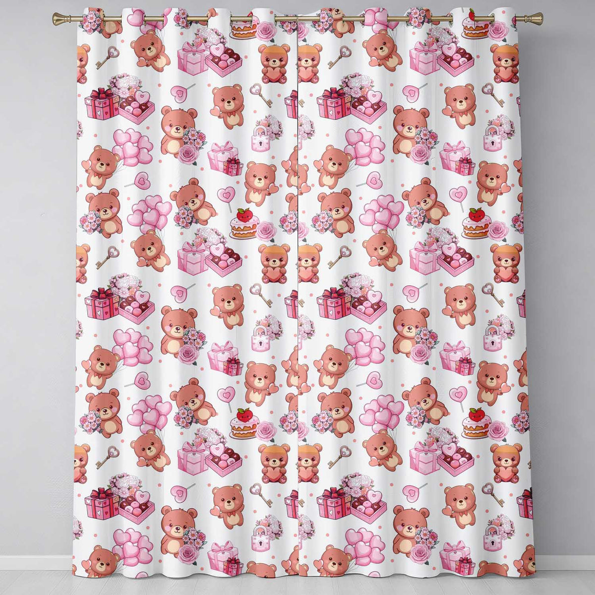 Cute Teddy Bears Hearts Balloons Gifts Grey Background Seamless Pattern  Readymade Eyelet Ring Top Thermal 100% Blackout Curtains