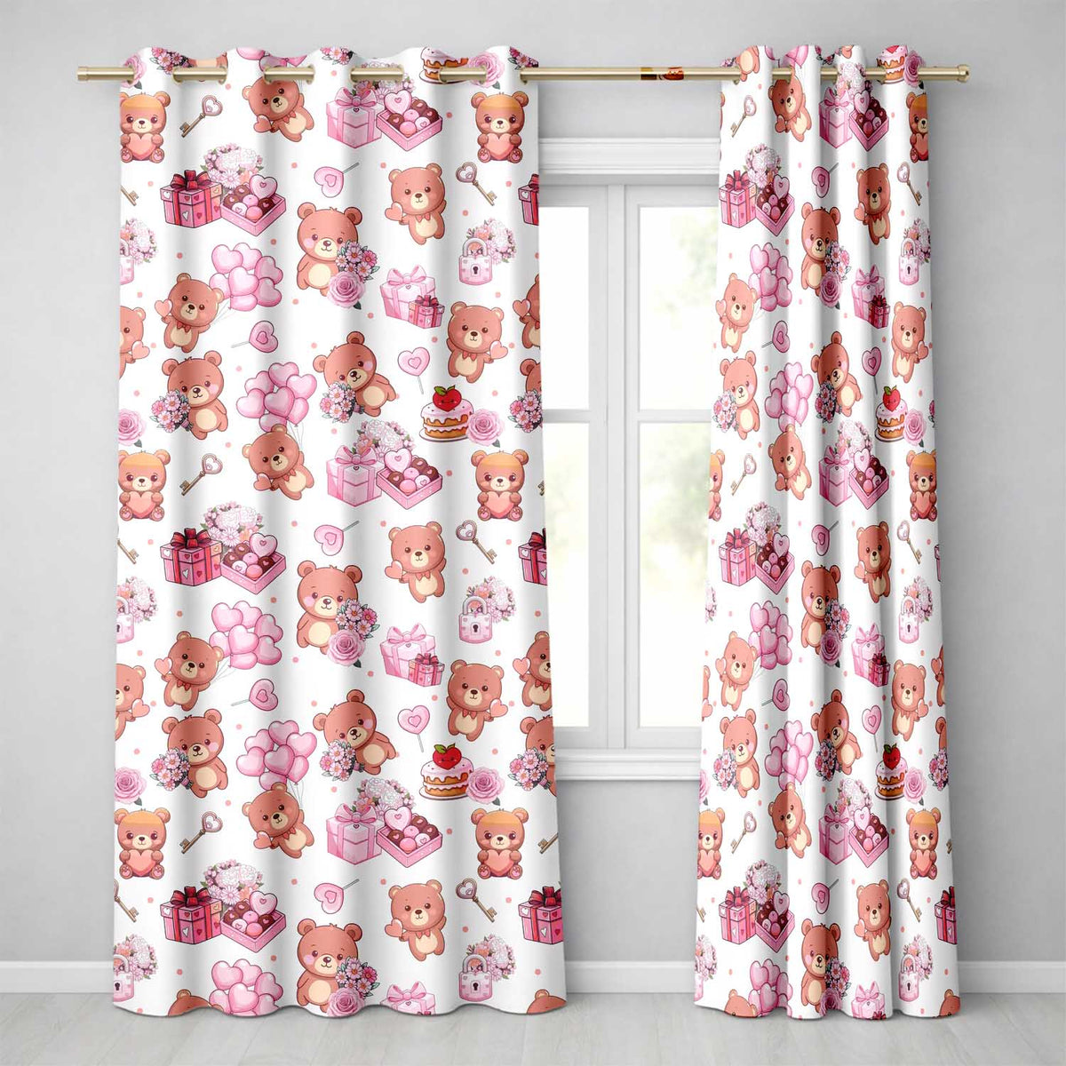 Cute Teddy Bears Hearts Balloons Gifts Grey Background Seamless Pattern  Readymade Eyelet Ring Top Thermal 100% Blackout Curtains