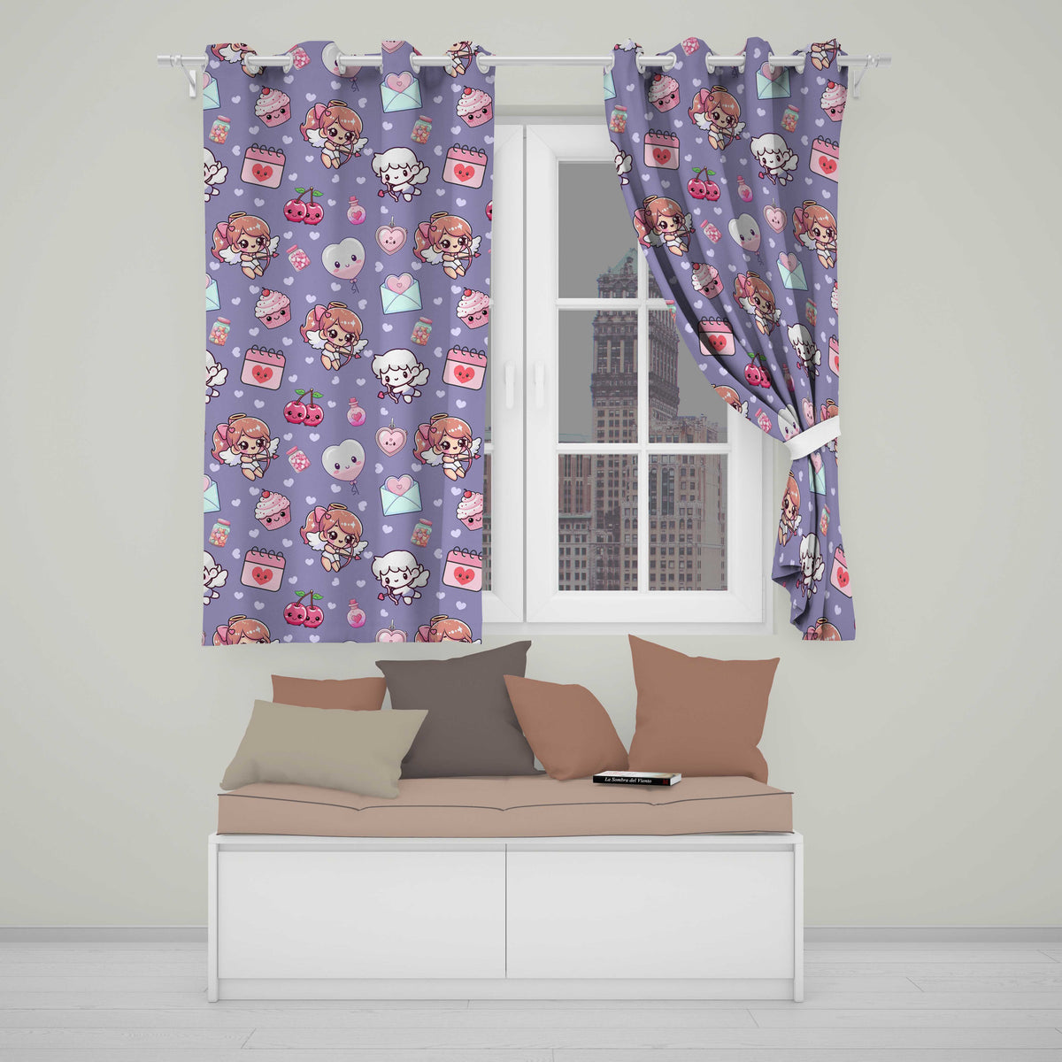Cute Cupid Angels Hearts Sweets Violet Seamless Pattern  Readymade Eyelet Ring Top Thermal 100% Blackout Curtains