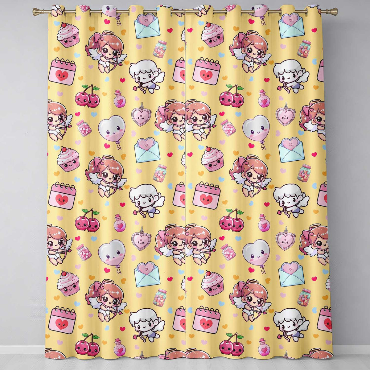 Cute Kawaii Cupid Angels Hearts Balloons Warm Beige Seamless Pattern  Readymade Eyelet Ring Top Thermal 100% Blackout Curtains
