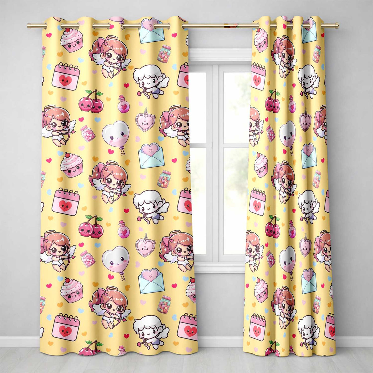 Cute Kawaii Cupid Angels Hearts Balloons Warm Beige Seamless Pattern  Readymade Eyelet Ring Top Thermal 100% Blackout Curtains