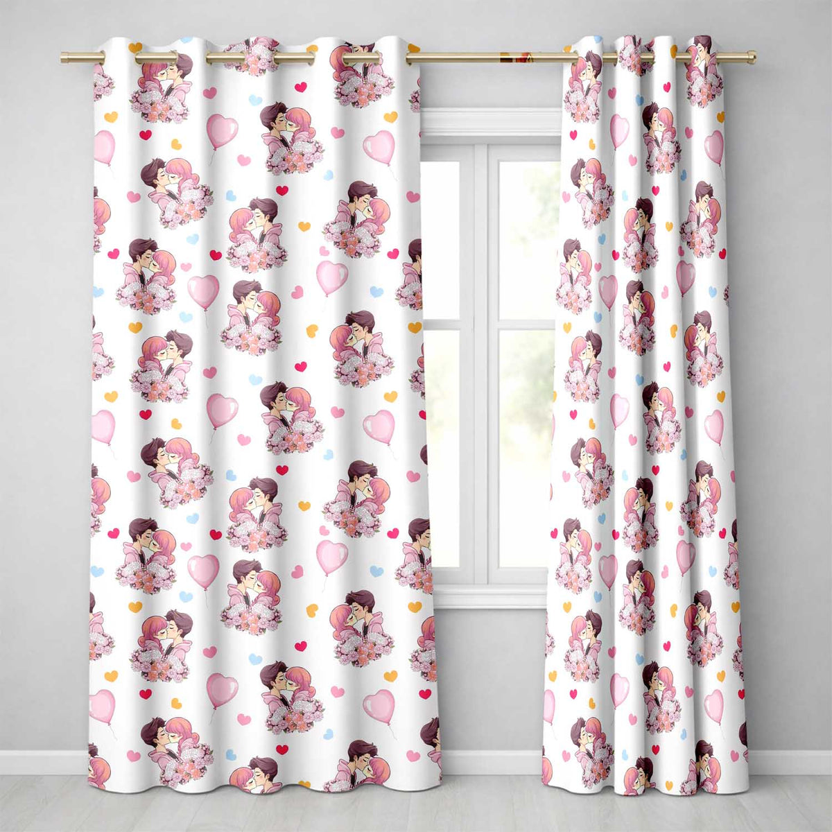 Romantic Couple Kissing Hearts Balloons Cute Seamless Pattern  Readymade Eyelet Ring Top Thermal 100% Blackout Curtains