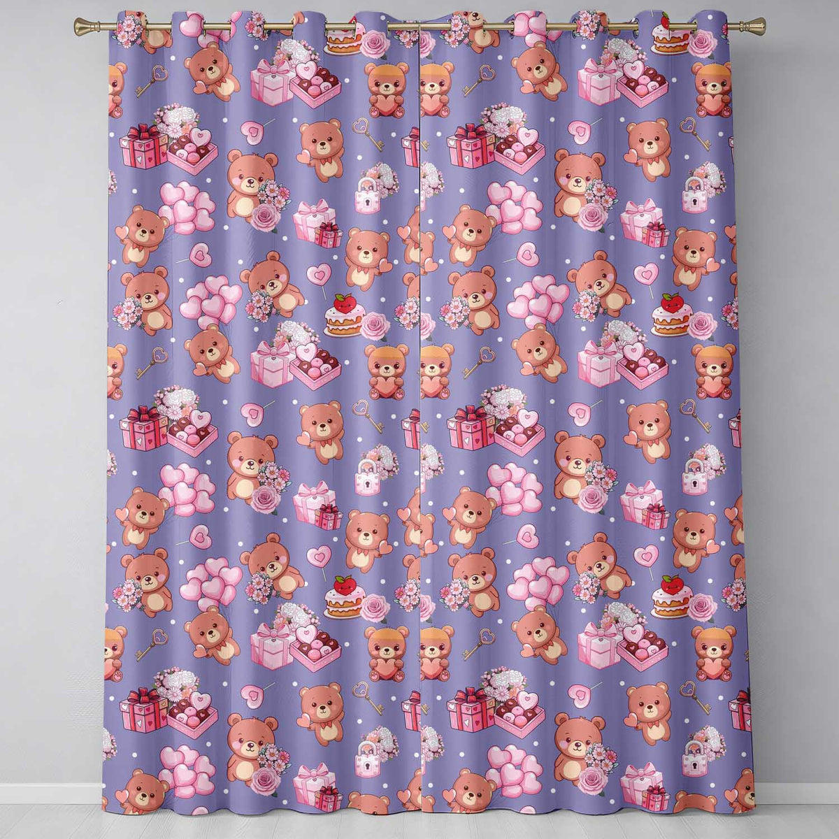 Cute Teddy Bear Hearts Gifts Chocolates Valentine Seamless Pattern  Readymade Eyelet Ring Top Thermal 100% Blackout Curtains