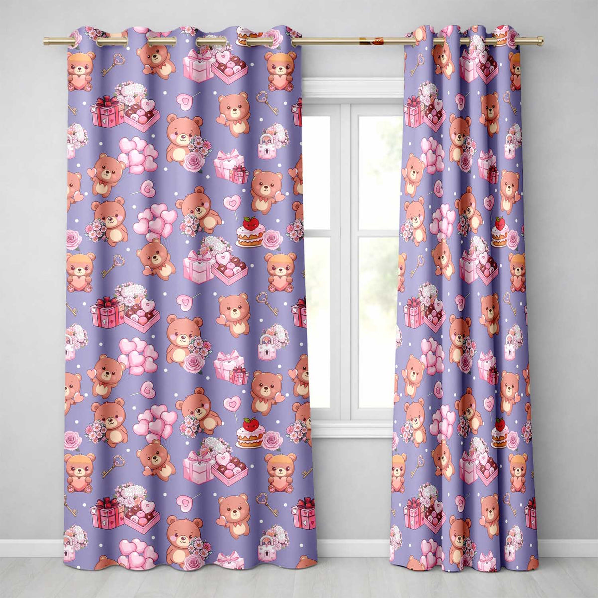 Cute Teddy Bear Hearts Gifts Chocolates Valentine Seamless Pattern  Readymade Eyelet Ring Top Thermal 100% Blackout Curtains