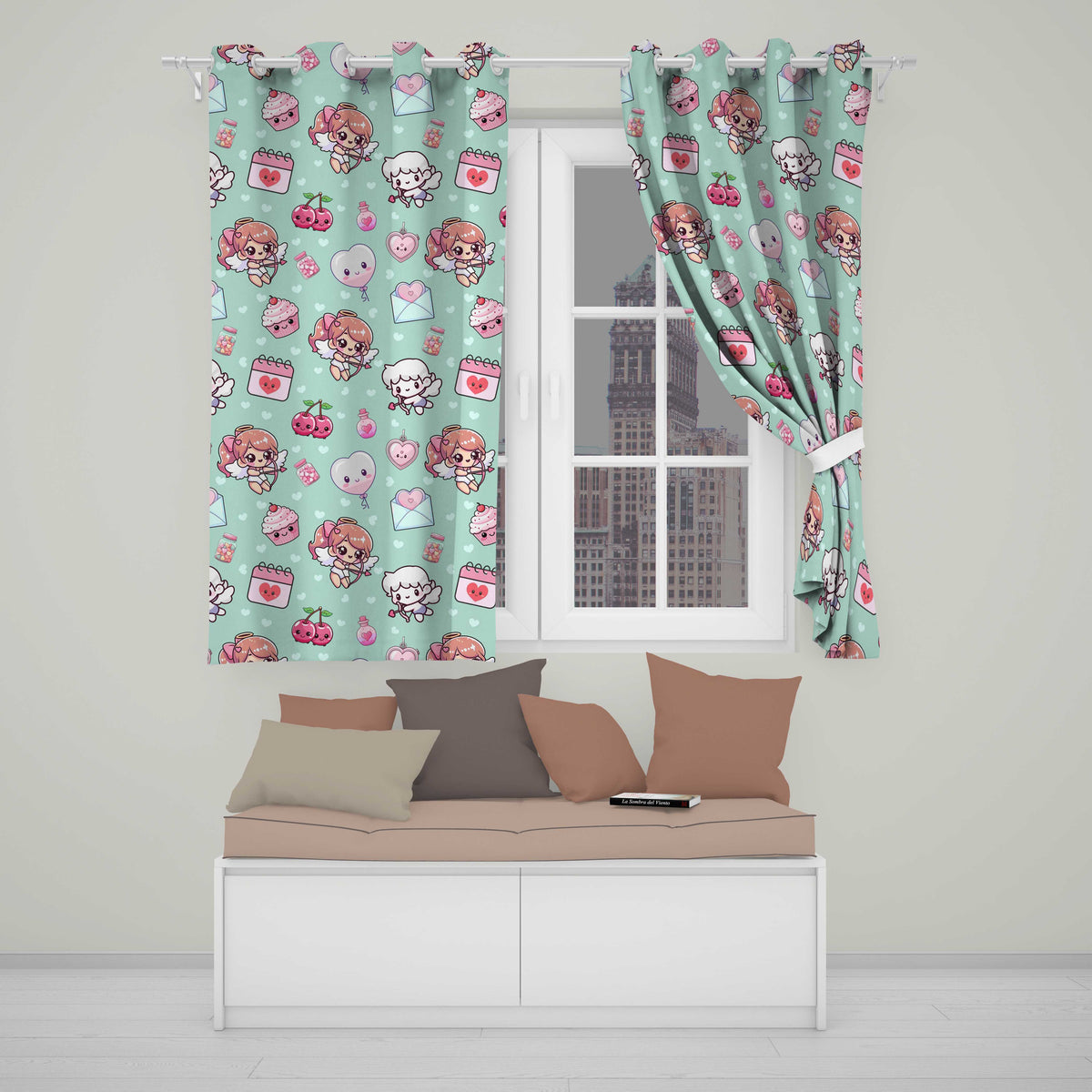 Cupid Angels Hearts Sweets Kawaii Valentine Seamless Pattern Mint Background  Readymade Eyelet Ring Top Thermal 100% Blackout Curtains