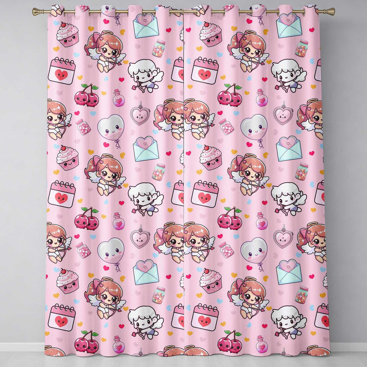 Cupid Angels Hearts Sweets Kawaii Valentine Seamless Pattern Pink Background  Readymade Eyelet Ring Top Thermal 100% Blackout Curtains