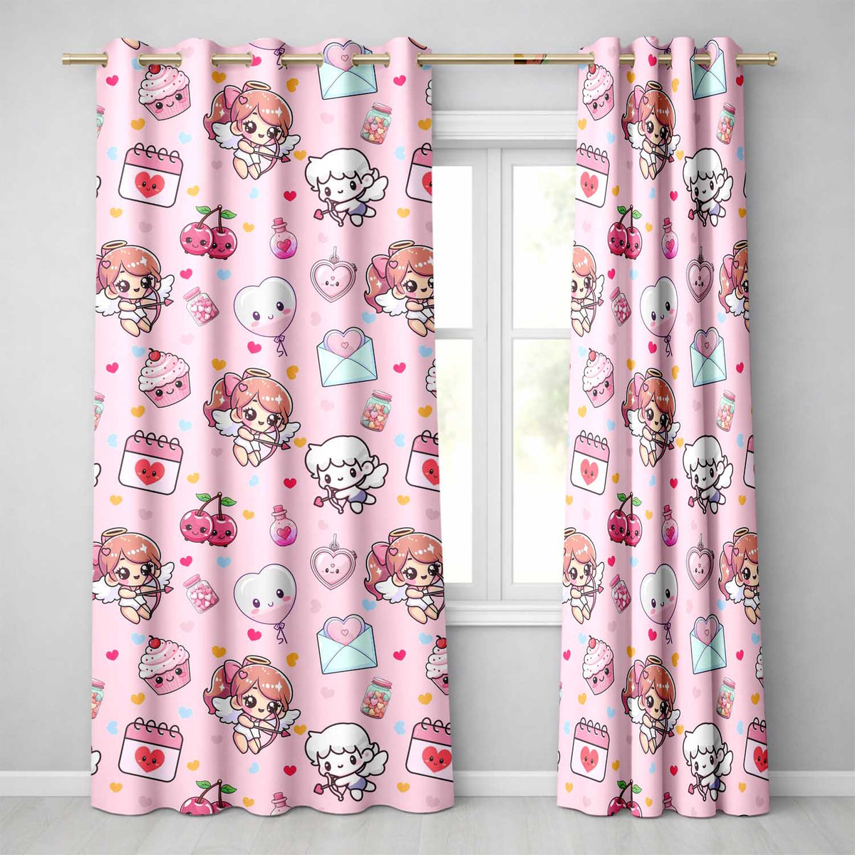Cupid Angels Hearts Sweets Kawaii Valentine Seamless Pattern Pink Background  Readymade Eyelet Ring Top Thermal 100% Blackout Curtains
