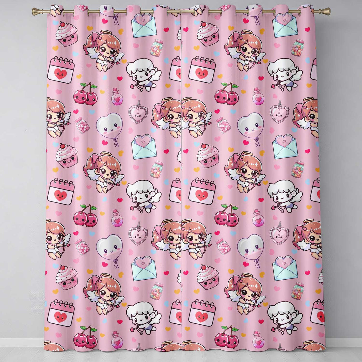 Cupid Angels Hearts Sweets Kawaii Valentine Seamless Pattern Blush Pink Background  Readymade Eyelet Ring Top Thermal 100% Blackout Curtains
