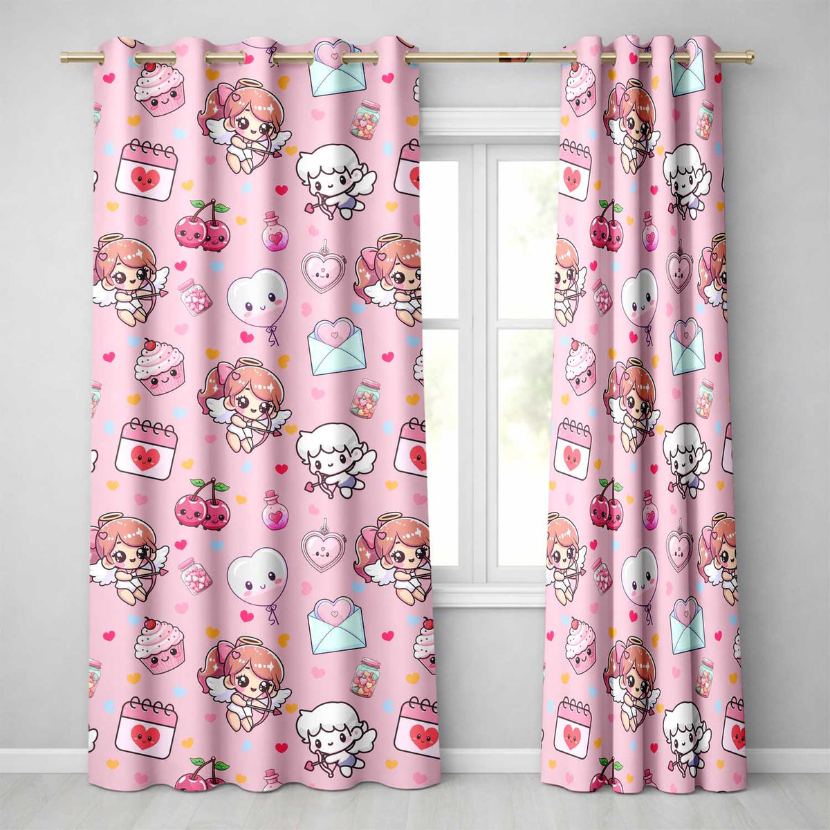 Cupid Angels Hearts Sweets Kawaii Valentine Seamless Pattern Blush Pink Background  Readymade Eyelet Ring Top Thermal 100% Blackout Curtains
