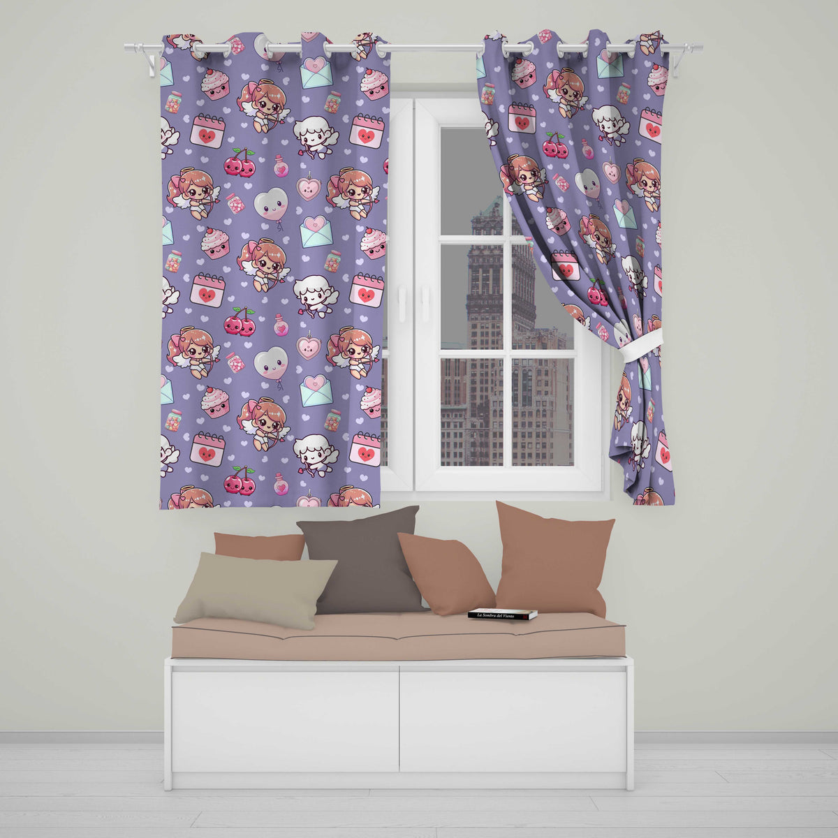 Cupid Angels Hearts Sweets Kawaii Valentine Seamless Pattern Purple Background  Readymade Eyelet Ring Top Thermal 100% Blackout Curtains