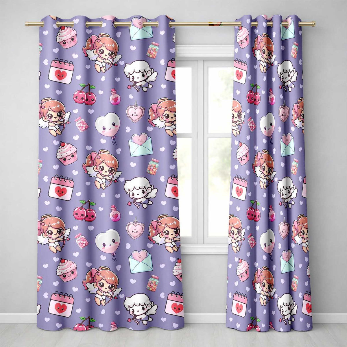 Cupid Angels Hearts Sweets Kawaii Valentine Seamless Pattern Purple Background  Readymade Eyelet Ring Top Thermal 100% Blackout Curtains