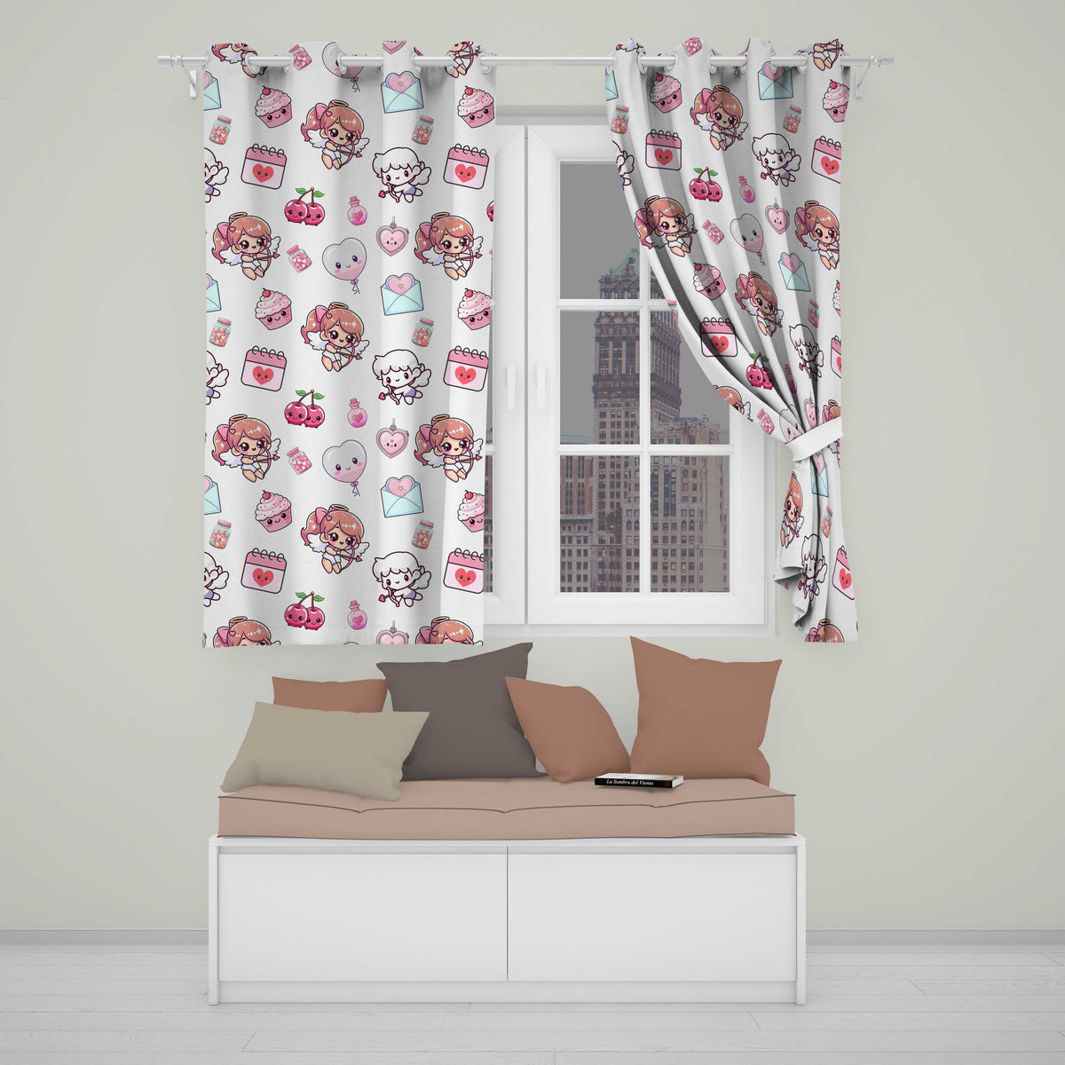 Cupid Angels Hearts Sweets Kawaii Valentine Seamless Pattern Grey Background  Readymade Eyelet Ring Top Thermal 100% Blackout Curtains