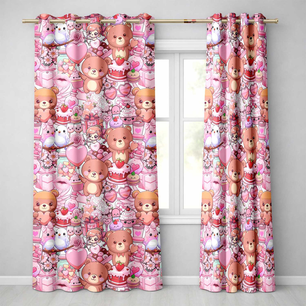 Cute Valentine Bears Cakes Sweets Hearts Kawaii Seamless Pattern  Readymade Eyelet Ring Top Thermal 100% Blackout Curtains