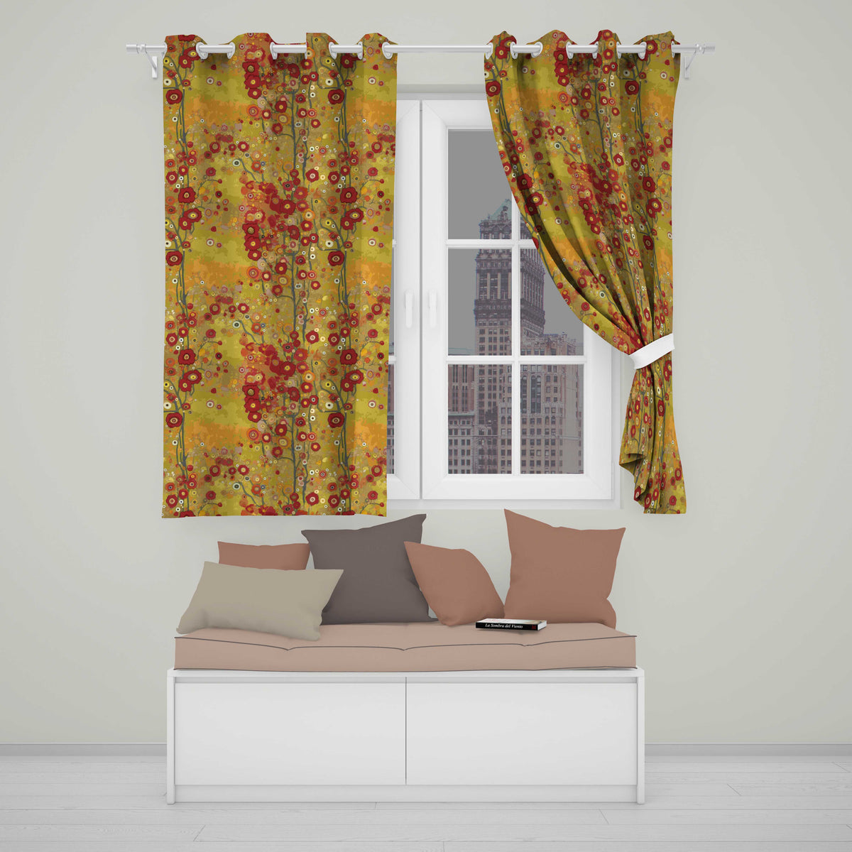 Abstract Floral Red Yellow Garden Artistic Seamless Pattern  Readymade Eyelet Ring Top Thermal 100% Blackout Curtains