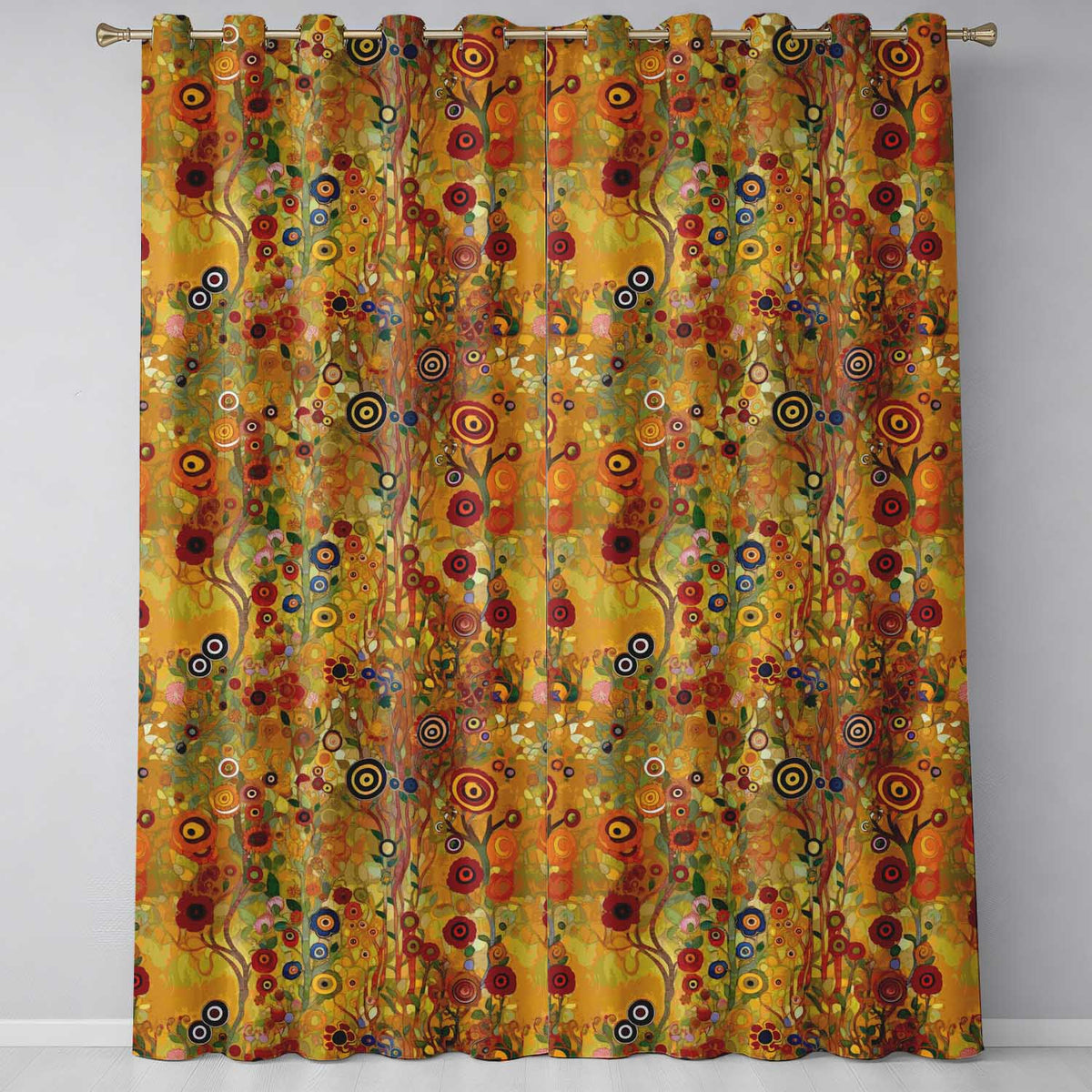 Vibrant Circular Floral Swirl Pattern Bold Yellow Artistic Seamless Design  Readymade Eyelet Ring Top Thermal 100% Blackout Curtains