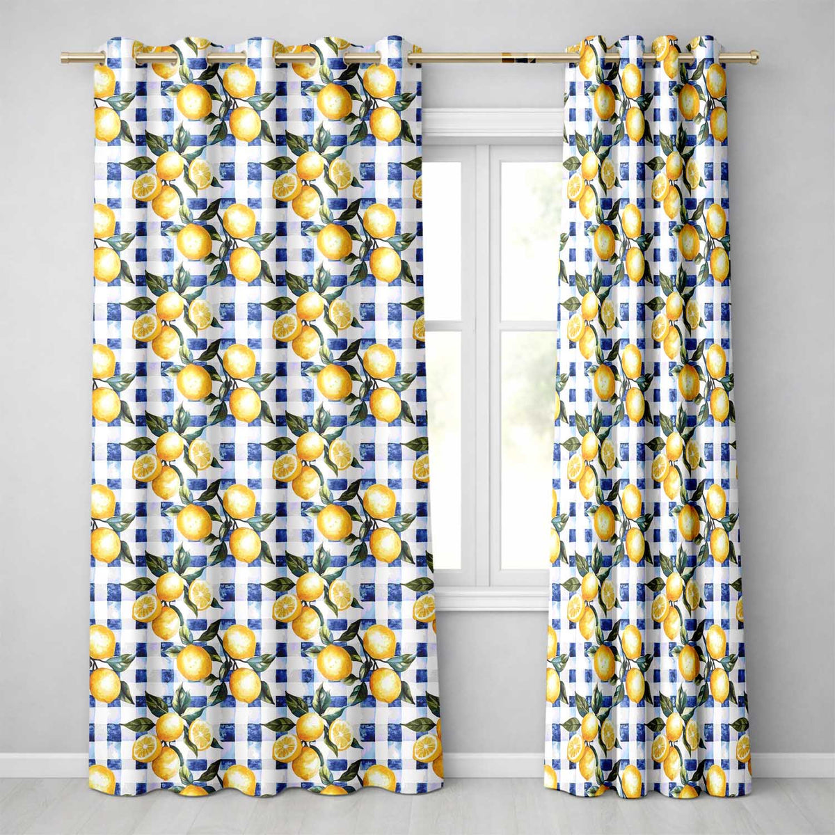 Watercolor Lemon Fruit Blue Gingham Picnic Seamless Pattern  Readymade Eyelet Ring Top Thermal 100% Blackout Curtains