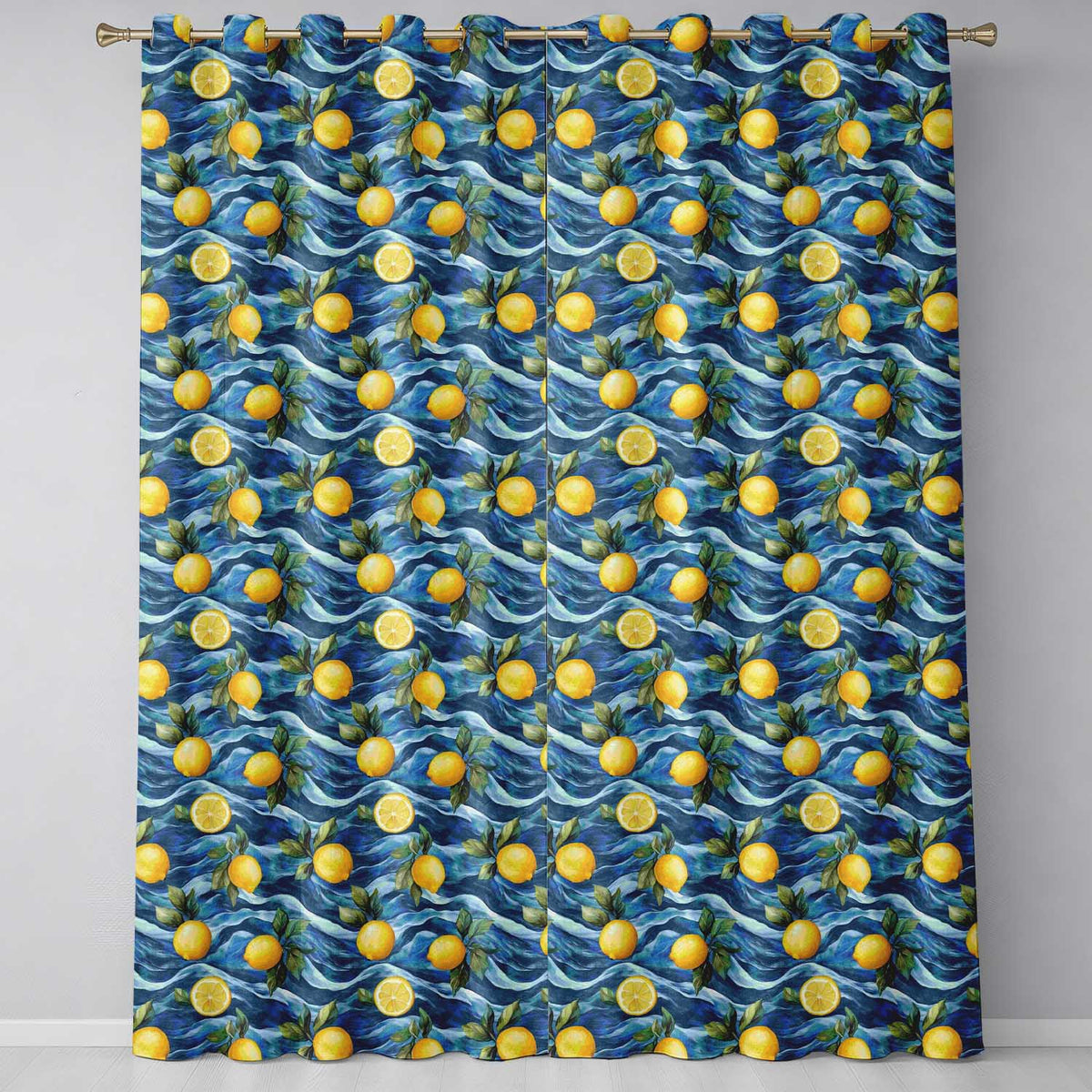 Hand Painted Lemon Fruit Flowing Water Waves Seamless Pattern Coastal Style  Readymade Eyelet Ring Top Thermal 100% Blackout Curtains
