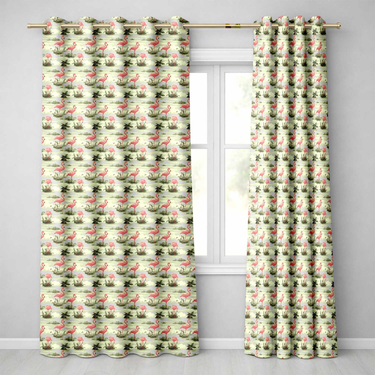 Vintage Flamingo Birds Lake Scene Nature Seamless Pattern  Readymade Eyelet Ring Top Thermal 100% Blackout Curtains