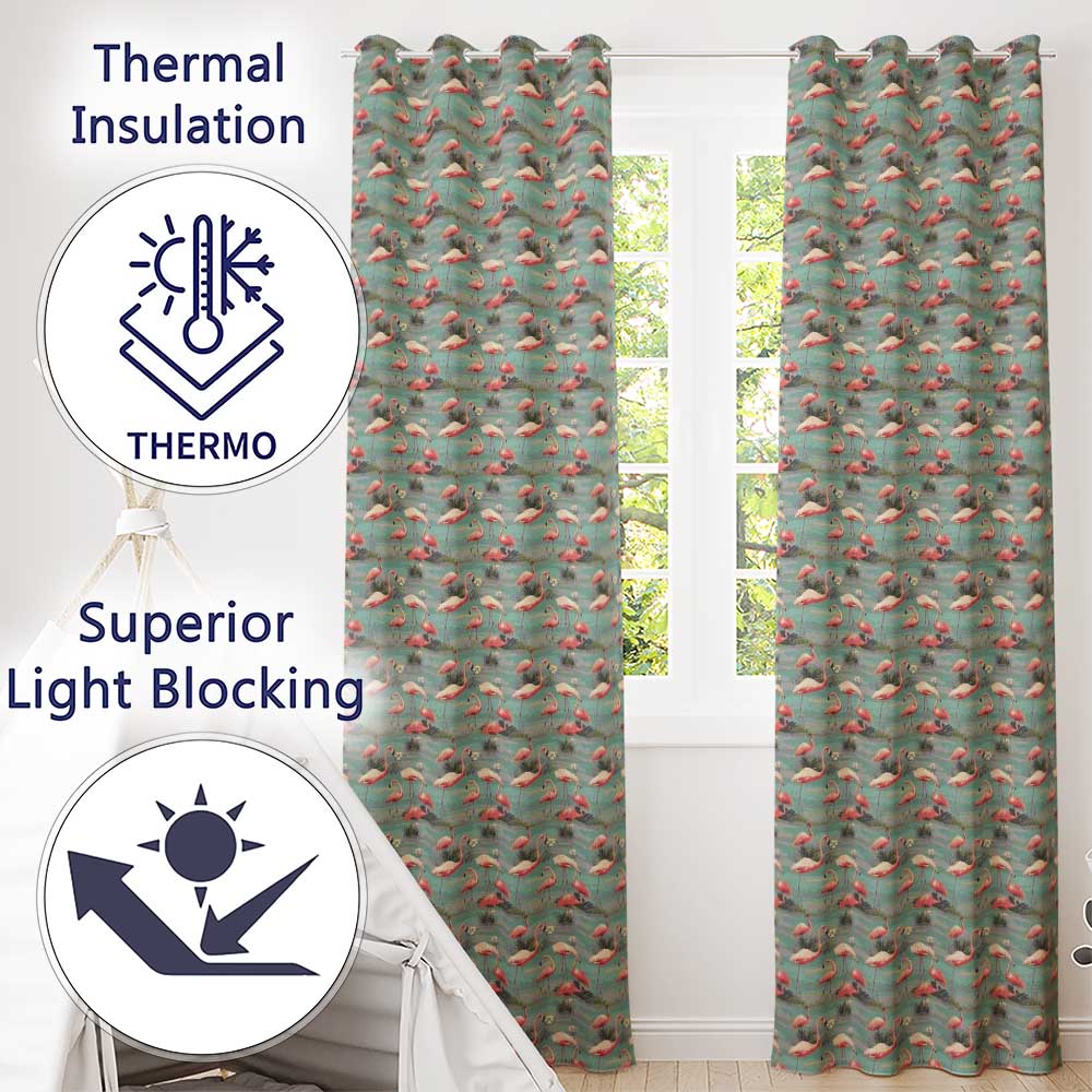 Elegant Flamingo Birds Wetland Nature Seamless Pattern  Readymade Eyelet Ring Top Thermal 100% Blackout Curtains