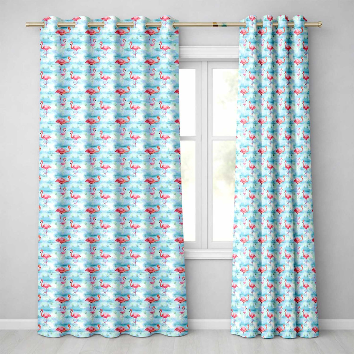 Cute Pink Flamingo Birds in Soft Blue Watercolor Lagoon Seamless Pattern  Readymade Eyelet Ring Top Thermal 100% Blackout Curtains