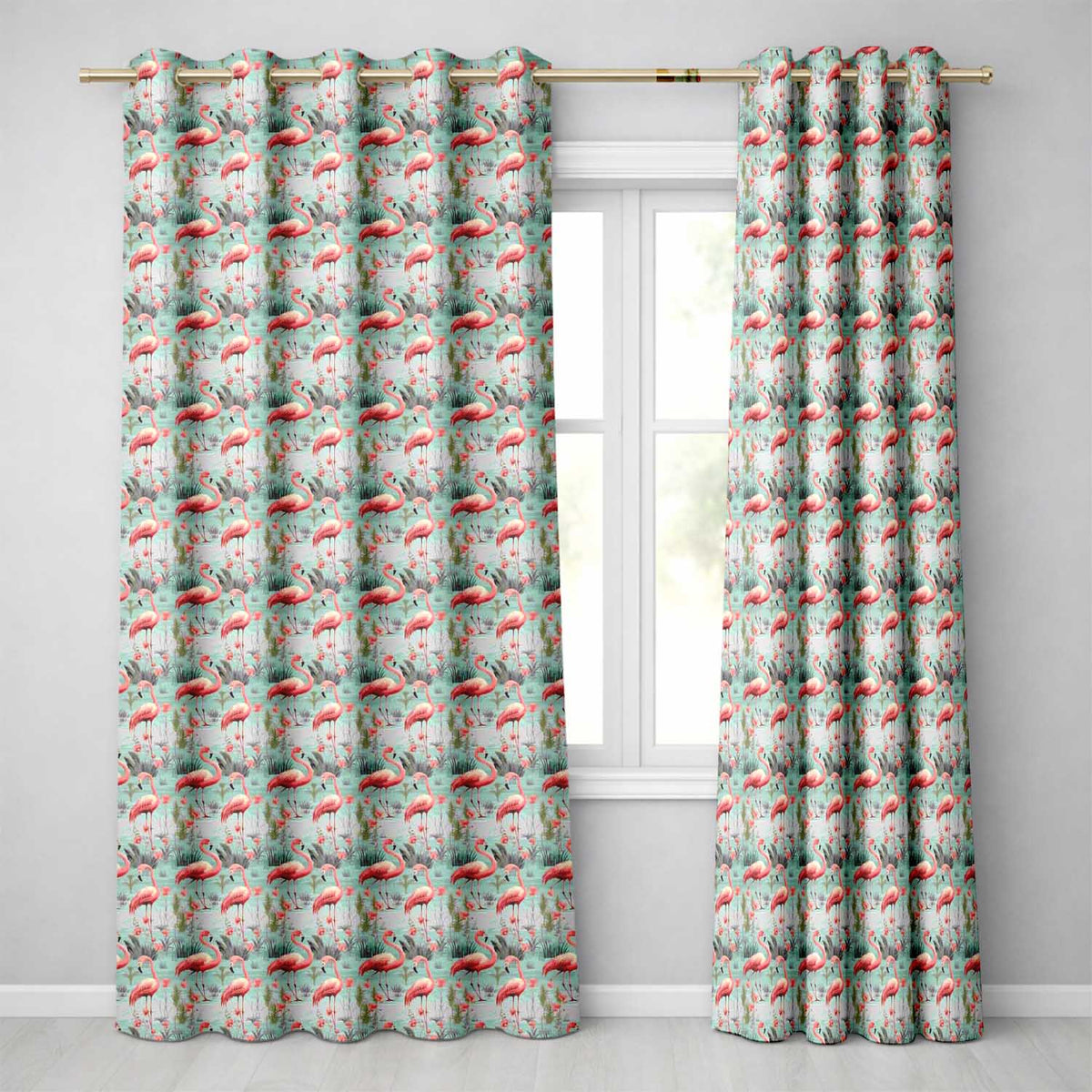 Elegant Flamingo Birds with Floral Wetland Background Seamless Pattern  Readymade Eyelet Ring Top Thermal 100% Blackout Curtains